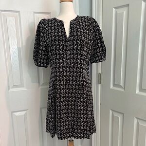 LOFT Black and White A-line Puff Sleeve Dress